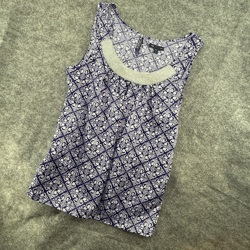 Gap Sleeveless Top Women Medium Blue White Metallic Neck Geometric Spring Church
